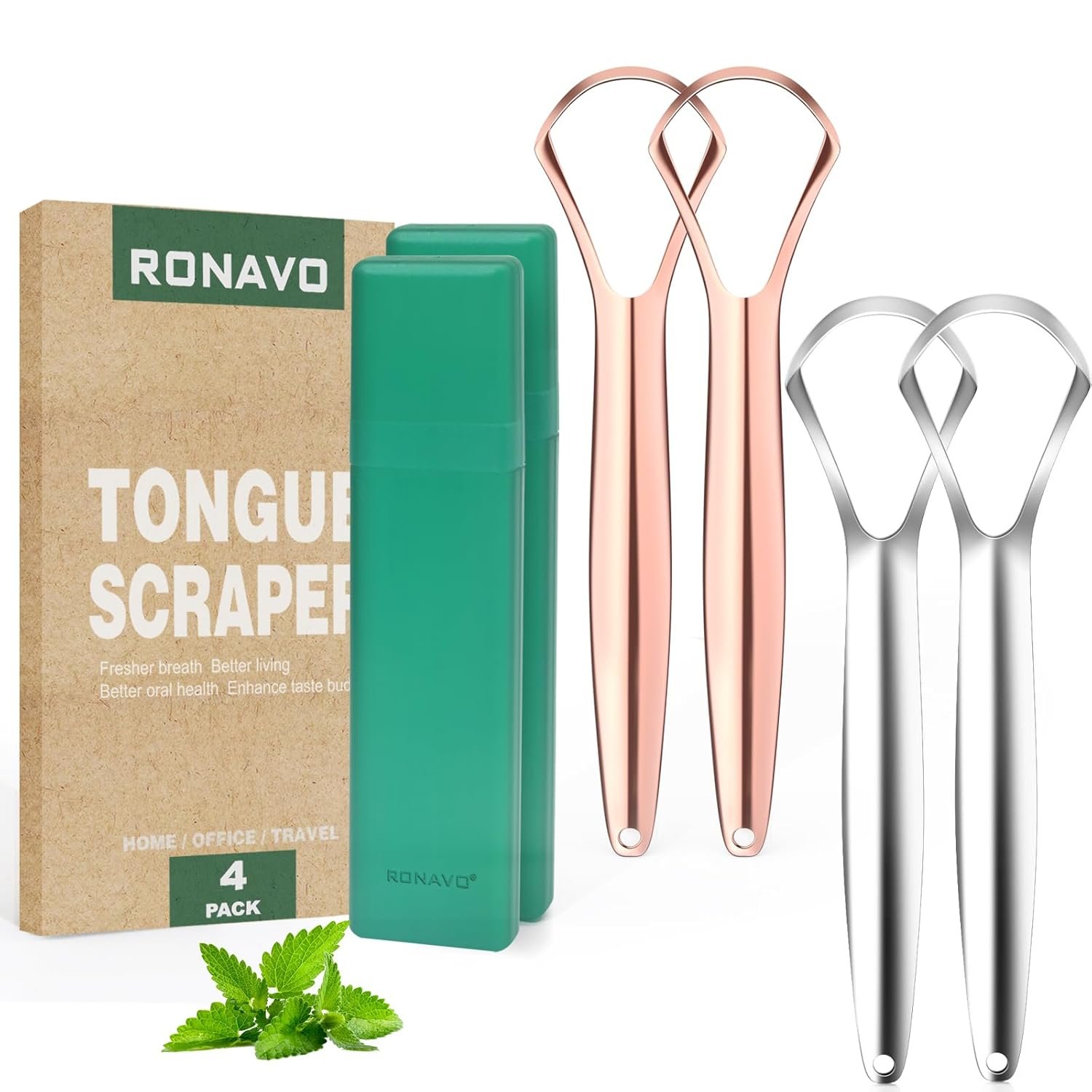 RONAVO Tongue Scraper for Adults, Two Colors Designed for Couples, Cure Bad Breath, Tongue Cleaners Stainless Steel, Metal Tongue Scrapers for Oral Care & Hygiene (2 Pack) - Image 2